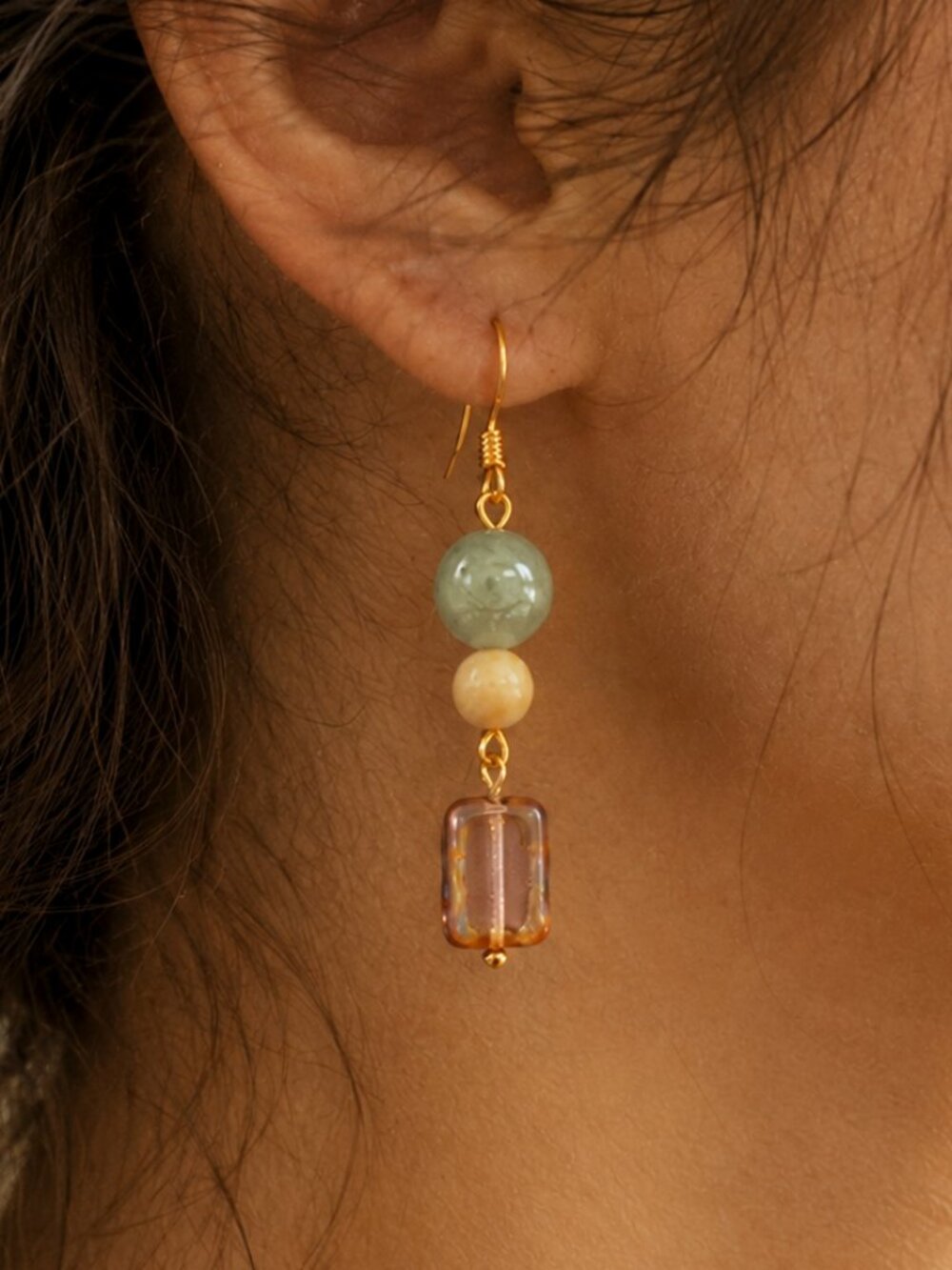 Jade Stone Gold Earrings, Neutral Boho Earrings, Hippie Fairycore Earrings